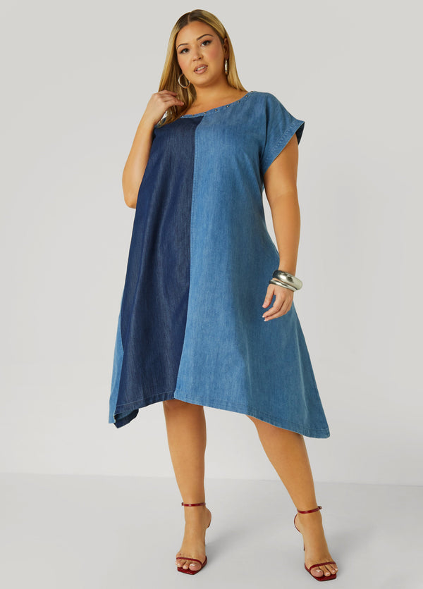 Spike Decorated Dual Color Denim Dress