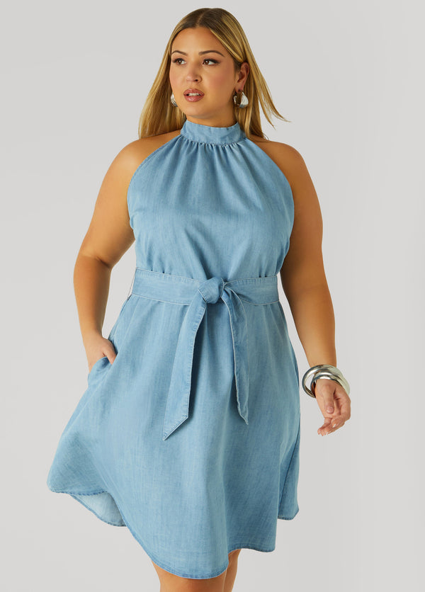 Tall Neckline Denim A-Line Frock