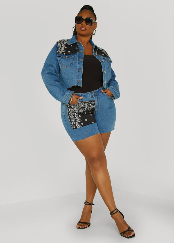 Scarf Pattern Jean Shorts