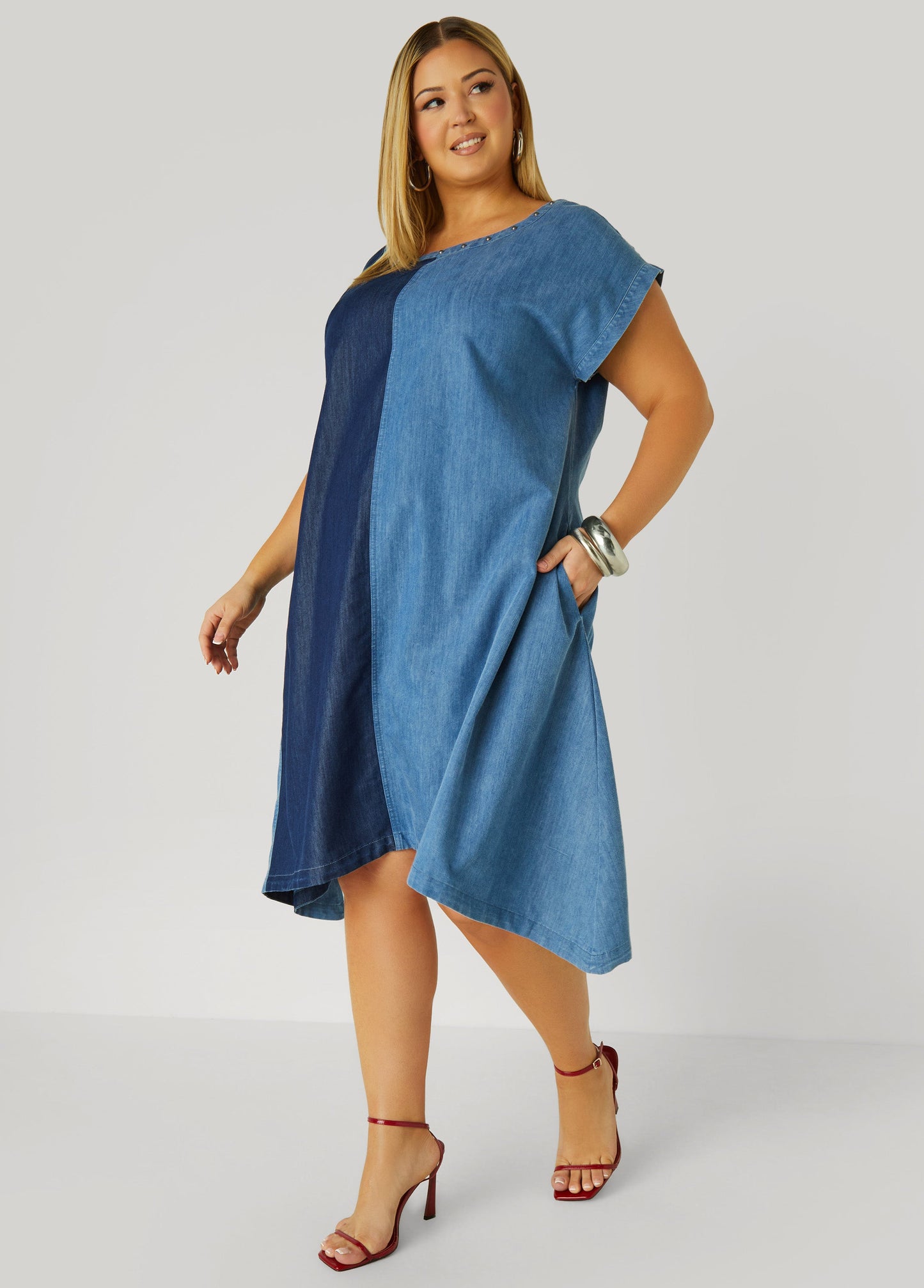 Spike Decorated Dual Color Denim Dress