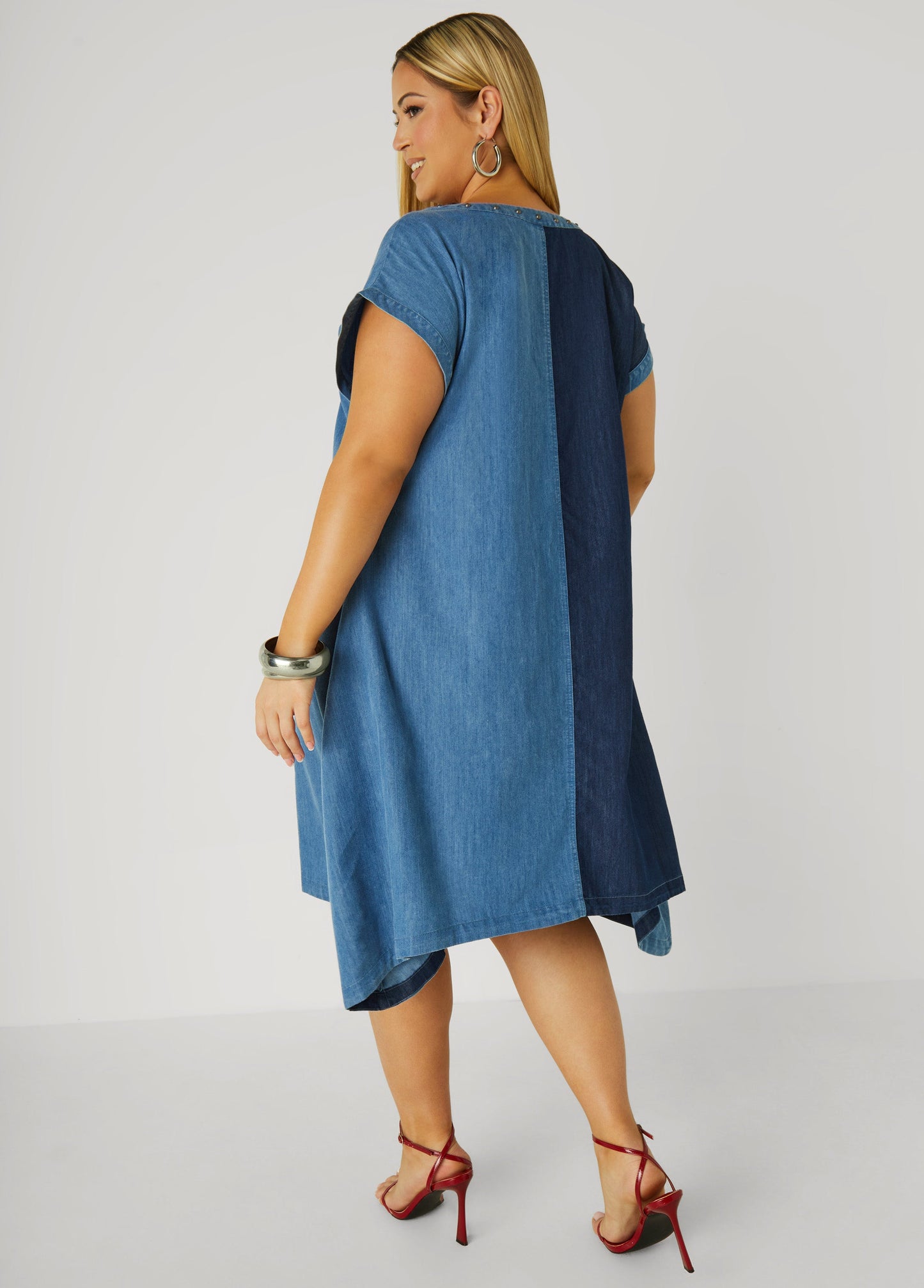 Spike Decorated Dual Color Denim Dress
