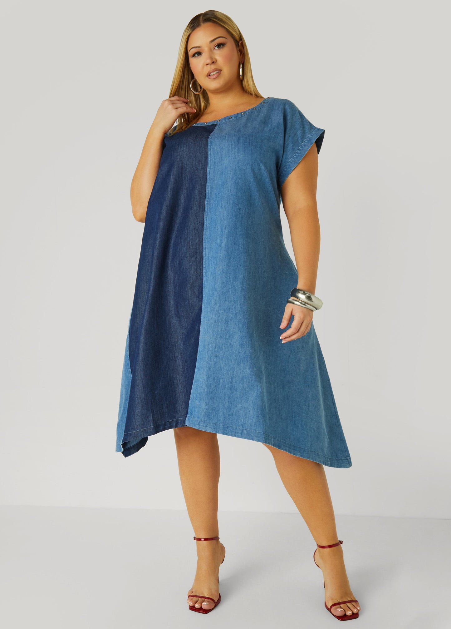 Spike Decorated Dual Color Denim Dress