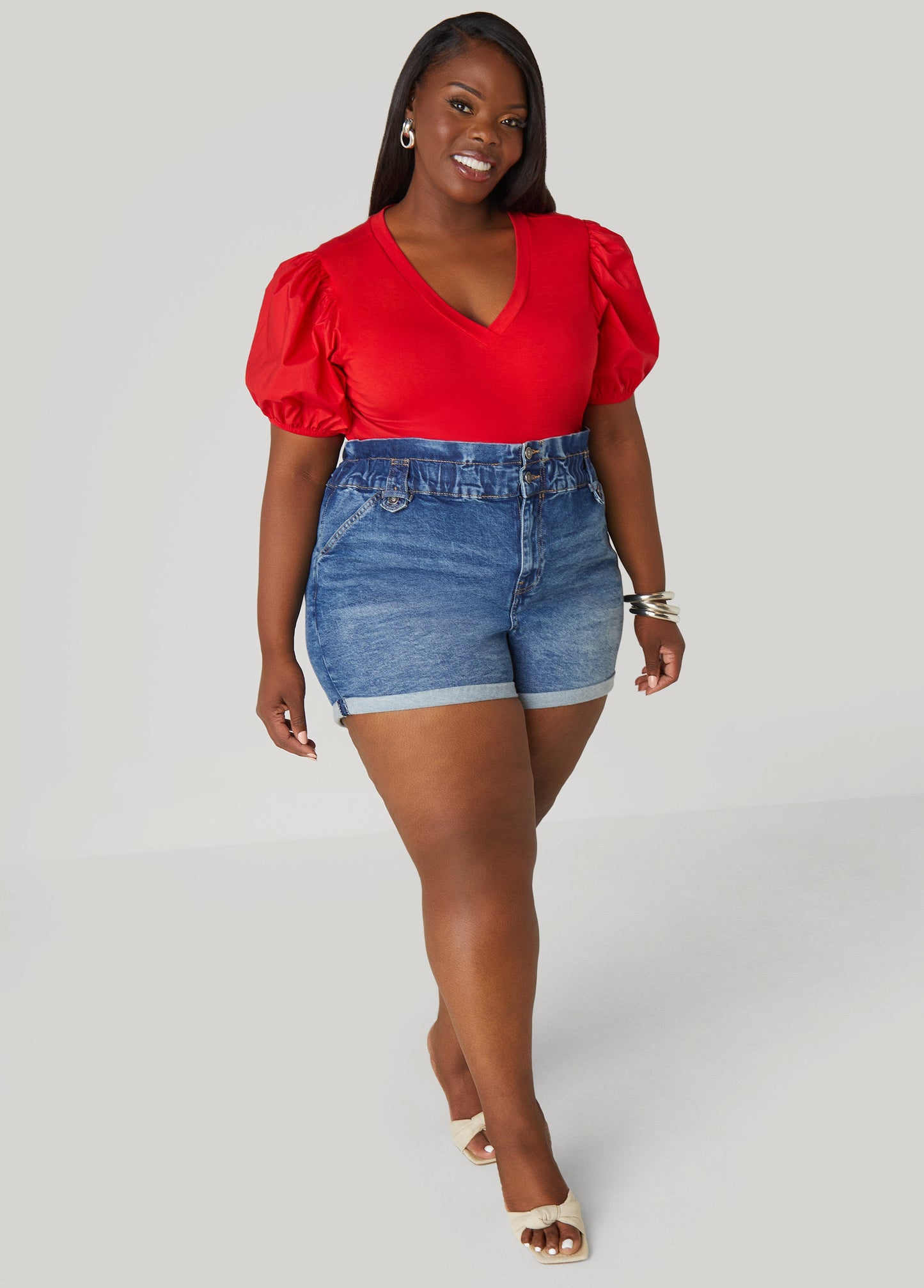 Gathered Waist Jean Shorts