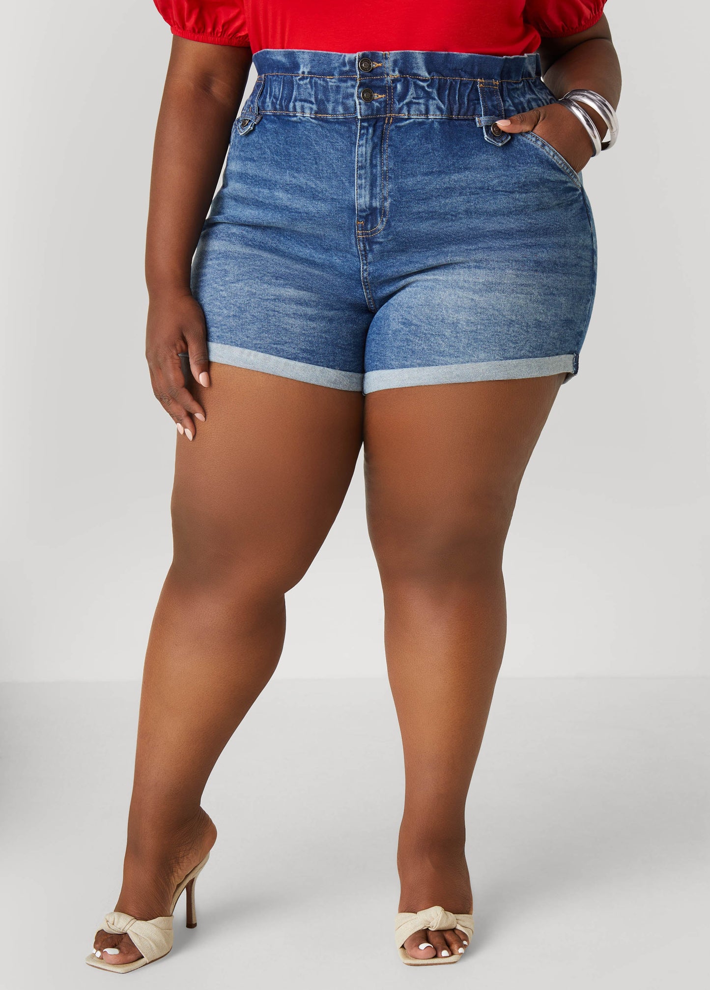 Gathered Waist Jean Shorts